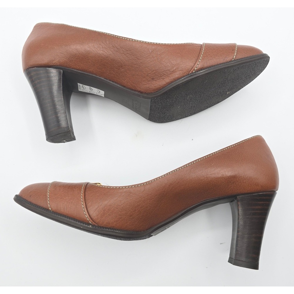 Vintage Furla Brown Leather Pumps Y2K Corporate Chic Buckle Block Heel 38 US 8 - Picture 7 of 14